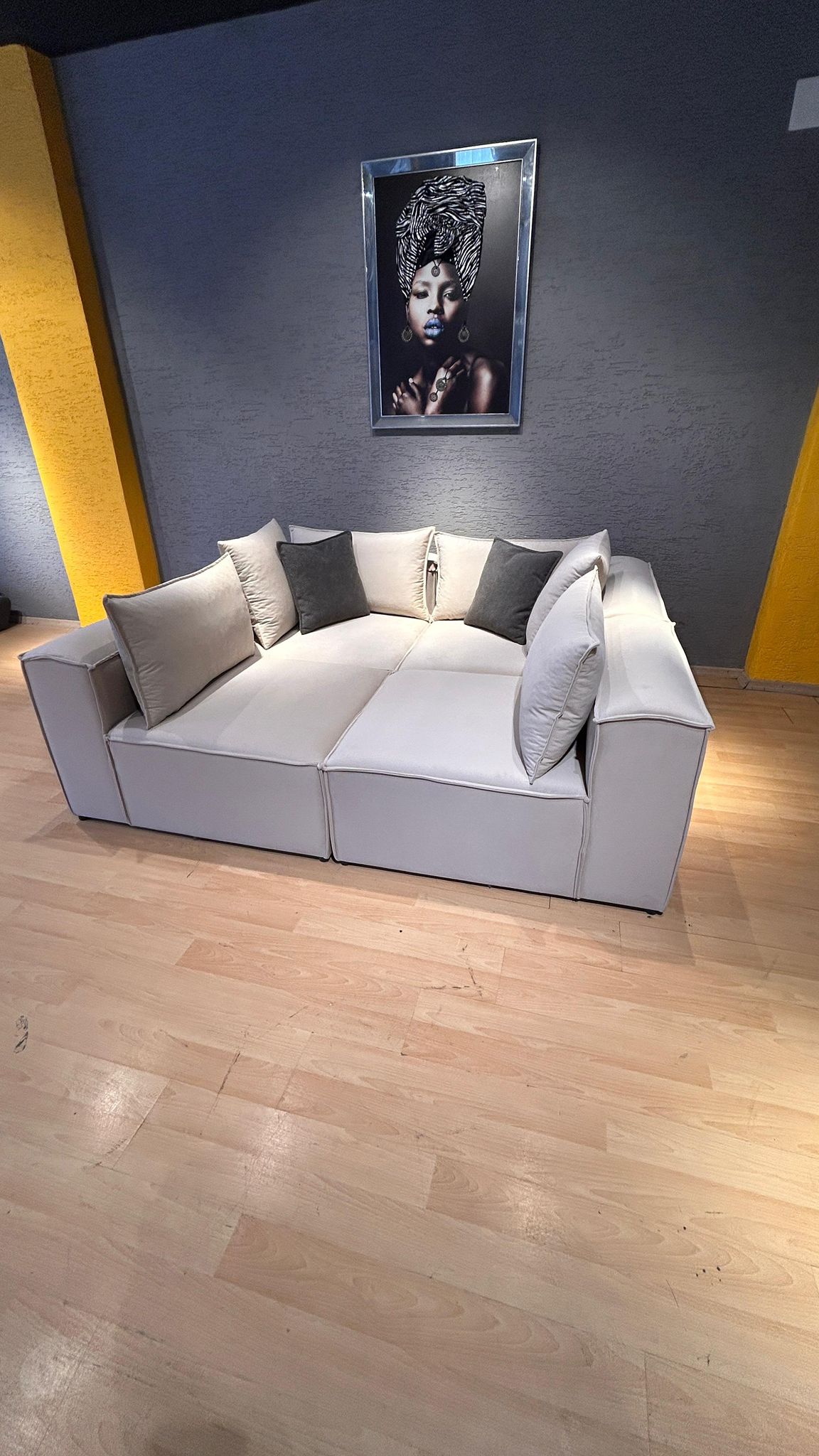 Canapé Modulable en Velours Beige – 4 Modules + 1 Pouf