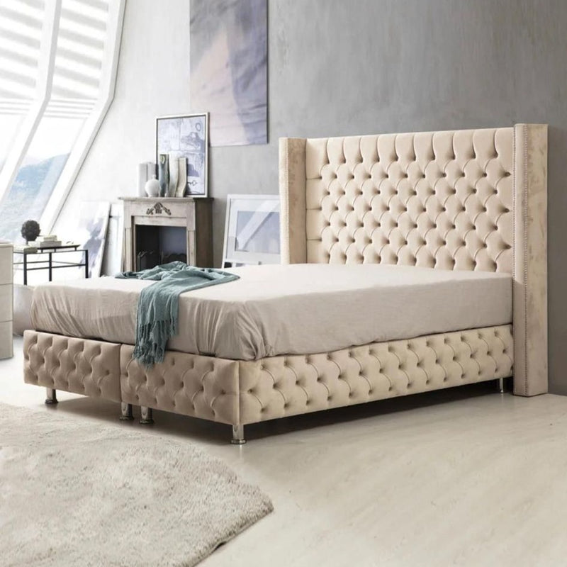 lit 160x200 et 180x200 avec sommier et tête de lit matelassée beige
