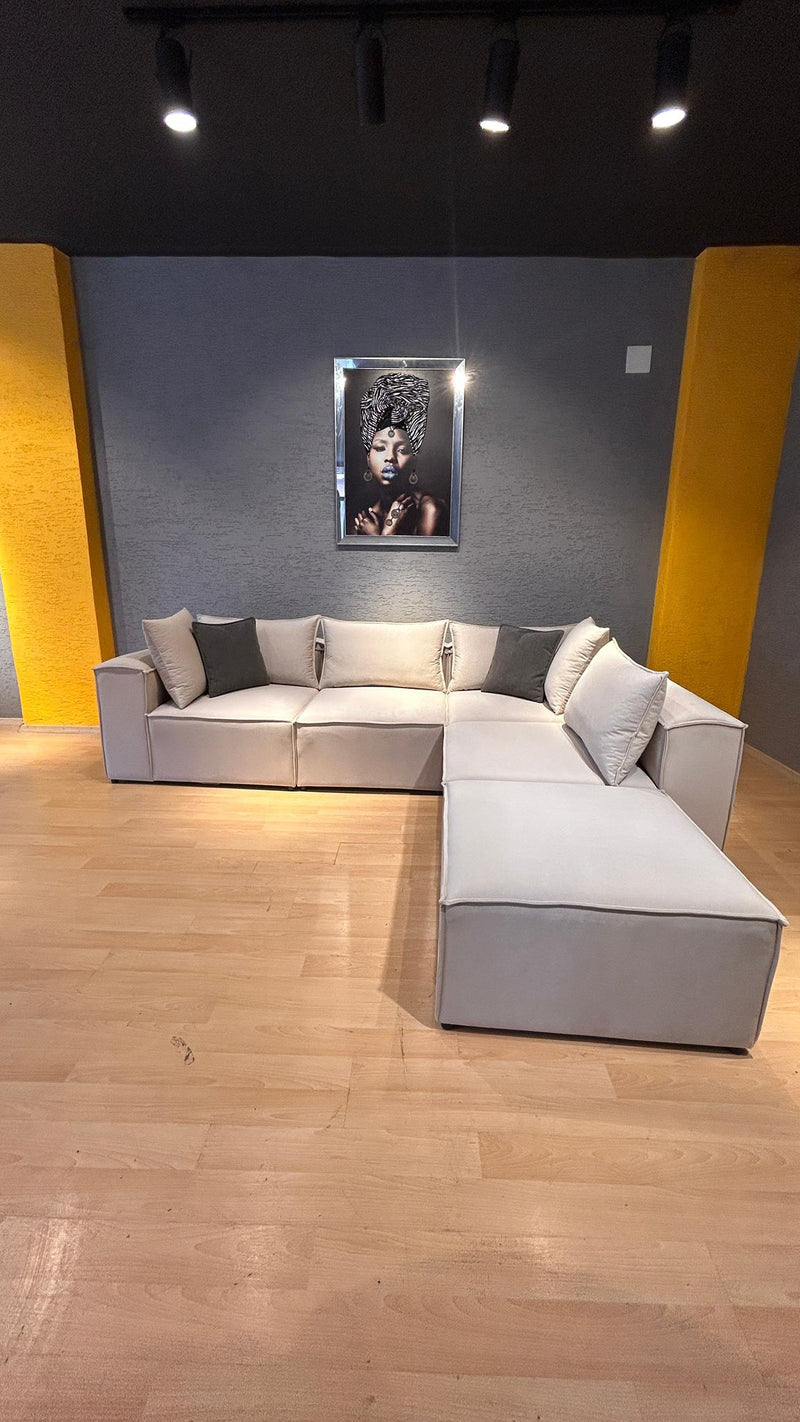 canapé modulable 4+1 en velours beige
